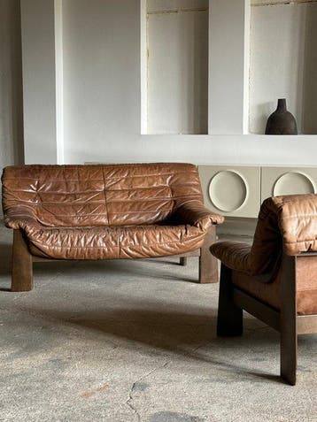 Zitgroep (2) - Leder, Eik, Cognac - Fauteuil en Sofaset