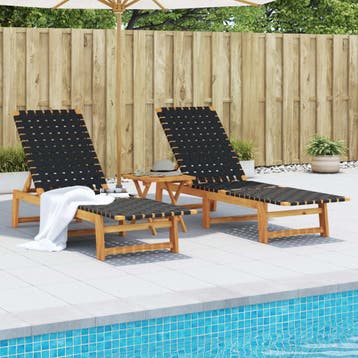 vidaXL Ligbedden 2 st met tafel massief acaciahout zwart, Tuin en Terras, Verzenden, Nieuw