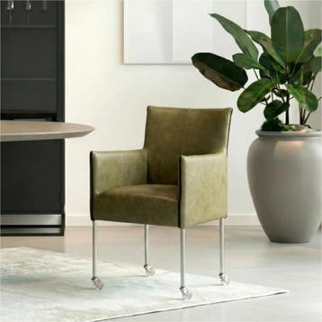 Set van 8 Leren eetkamerstoelen More - Vintage Olive, Huis en Inrichting, Stoelen, Ophalen of Verzenden, Nieuw, Leer