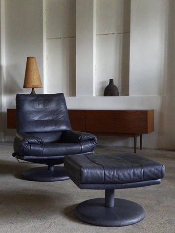 Rolf Benz - Fauteuil (2) - Leder - Draaistoel met ottoman, Antiek en Kunst