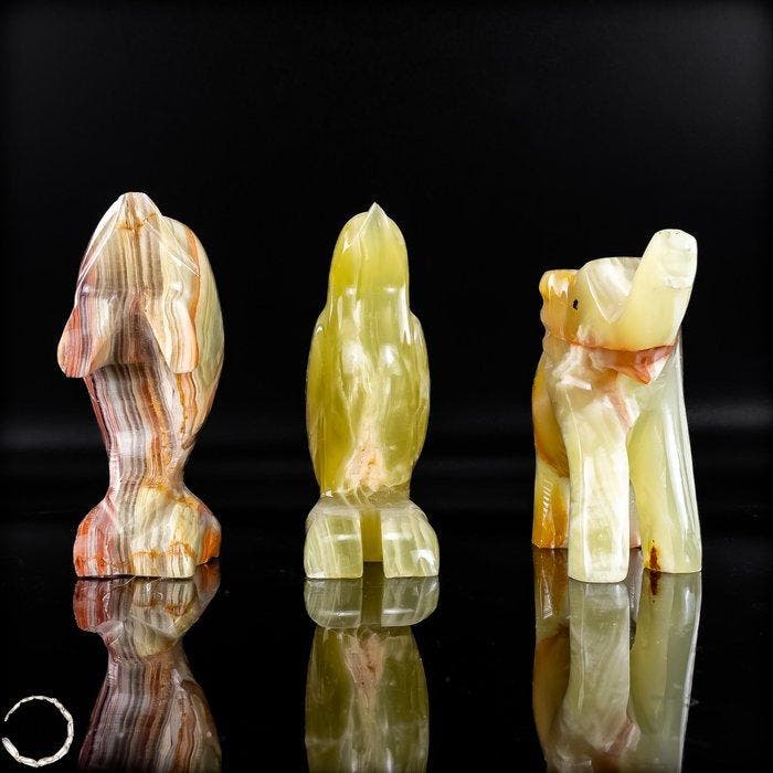 Natuurlijke calciet figuren set (pinguïn, dolfijn, olifant), Verzamelen, Mineralen en Fossielen