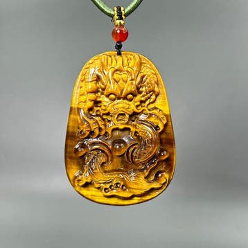 Œil de tigre Pendentif amulette du dragon - Hauteur : 59 mm