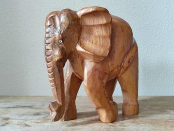 sculptuur, Large Handmade Wooden Elefant Mother with Child -
