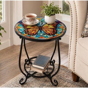 Butterfly Mosaic Side Table – Decorative Iron Frame Patio