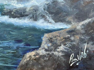 Roy Vidal 80 x 150 cm - Olas Rompiendo bajo la Luz del Faro