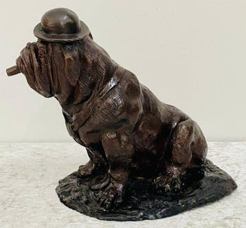 Sculpture, Bulldog met Bolhoed en Sigaar - 19.5 cm - Bronze, Antiek en Kunst, Curiosa en Brocante