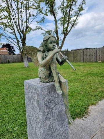 Beeld, XL Bronze Fairy with Flute - 56 cm - Brons