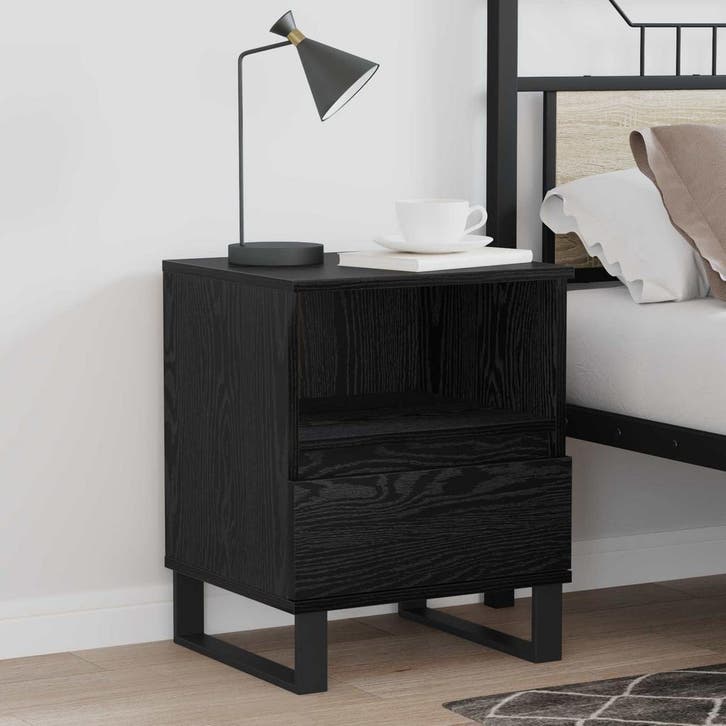 vidaXL Bedkast met lade Zwart Eiken 40 x 35 x 50 cm Bewerkt, Huis en Inrichting, Slaapkamer | Nachtkastjes, Nieuw, Verzenden