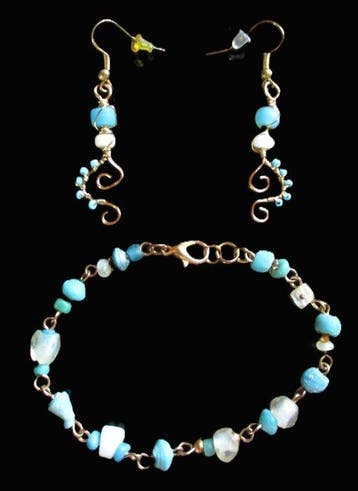 Oud-Romeins Glas Turquoise kralen oorbellen en armbandset -