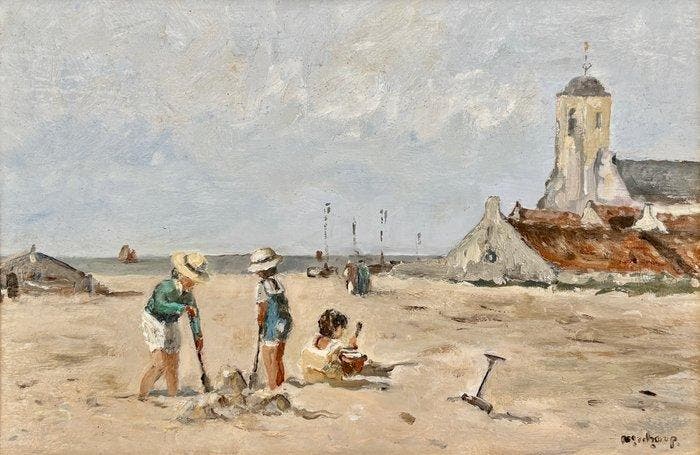 Cor Schaap (1968) - Strandgezicht met Oude Kerk, Antiquités & Art, Art | Peinture | Classique
