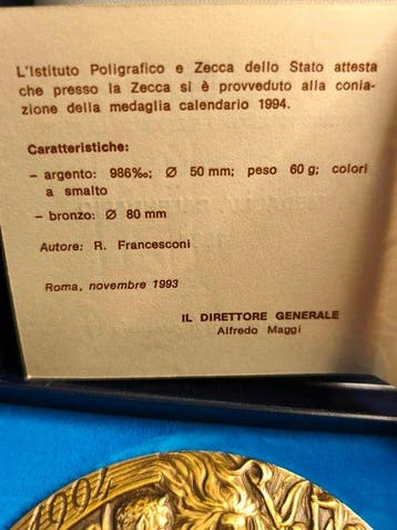 Italië. Bronze medal 1994 Calendar (Zonder minimumprijs)