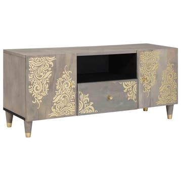 vidaXL TV Kast met lade Grijs 105 x 33 x 46 cm Massief Mango, Huis en Inrichting, Woonaccessoires | Cd- en Dvd-rekken, Verzenden