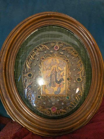 Reliekhouder - Kleurige stenen, stoffen, hout - 1800-1850 -