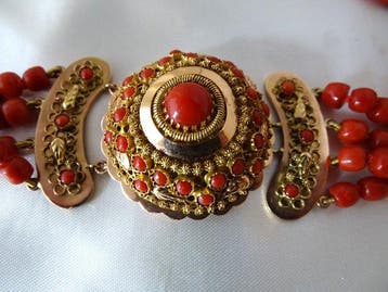 Collier - 14 carats Or jaune Corail rouge - Corail rouge -
