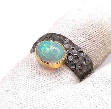 Sans prix de réserve - Bague Argent, Plaqué or Opale