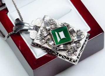 - Art Nouveau - argent 900 - agate verte - XL - fait main -