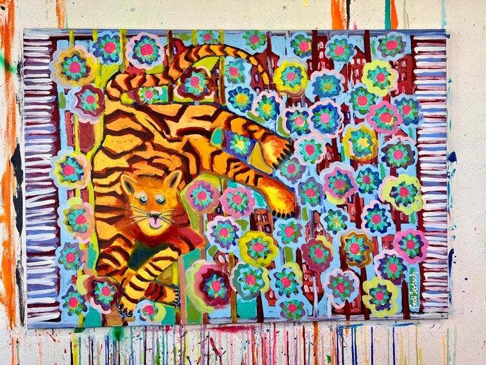 Fredi Gertsch - Tiger auf dem Teppich XL, Antiek en Kunst, Kunst | Schilderijen | Modern