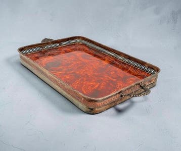 Plateau - Bronze argenté - Simulation Carey -60 cm, Antiquités & Art