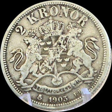 Suède. Oscar II. 2 Kronor 1903 / Key date (Sans prix de, Gestempeld