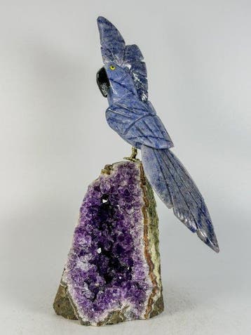Rare piece - Handgesneden blauw natuurstenen papegaai op
