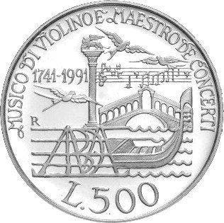 Italië. 500 Lire 1991 Antonio Vivaldi Proof (Zonder