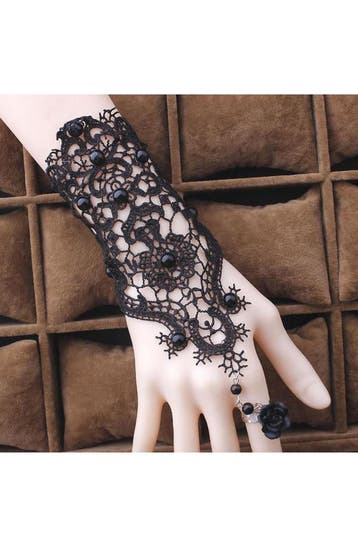 KIMU® Armband Kant Zwart met Ring en Roos Great Gatsby Roari, Ophalen of Verzenden, Nieuw, Zwart