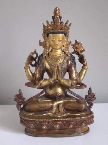 Vierarmige Avalokiteshvara (Chenrezig) - Brons, Verguld -