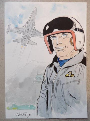 Dan Cooper - fraaie fantekening in kleur - gesigneerd A., Boeken, Nieuw