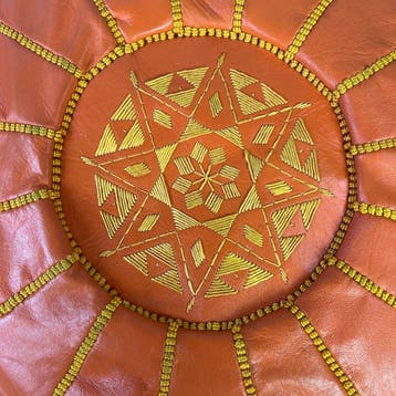 Kruk - An orange embroidery Leather Ottoman, Footstool of