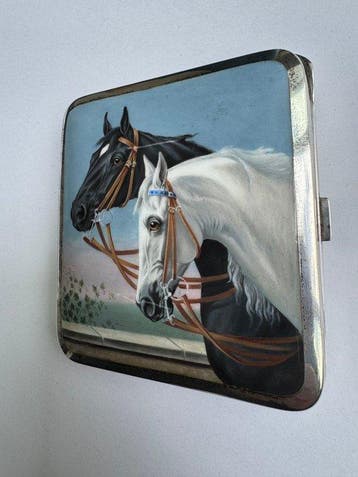 Sigarettendoos - .935 zilver - handgeschilderde paarden, Nieuw
