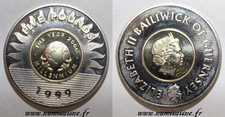 Guernesey Guernsey Km 91 5 Pounds 1999 Millenium, Timbres & Monnaies, Monnaies | Europe | Monnaies non-euro, Envoi