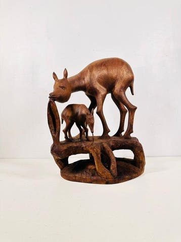 Figuur - Handgesneden houten antilope en kalf beeld - 39 cm