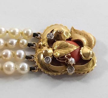 Collier tendance - 18 carats Or jaune Perle - Corail rouge
