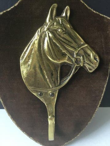 Kapstok - Messing, Fluweel, Hout - Paardenhoofd raspaard, Antiek en Kunst