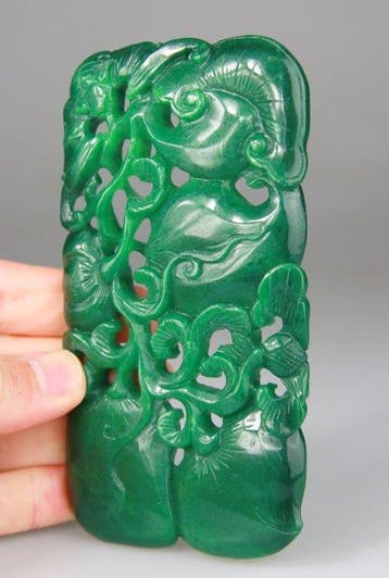 Hanger Chinees Plaat - Fruit - Groen gesculptuurd glas -, Antiquités & Art