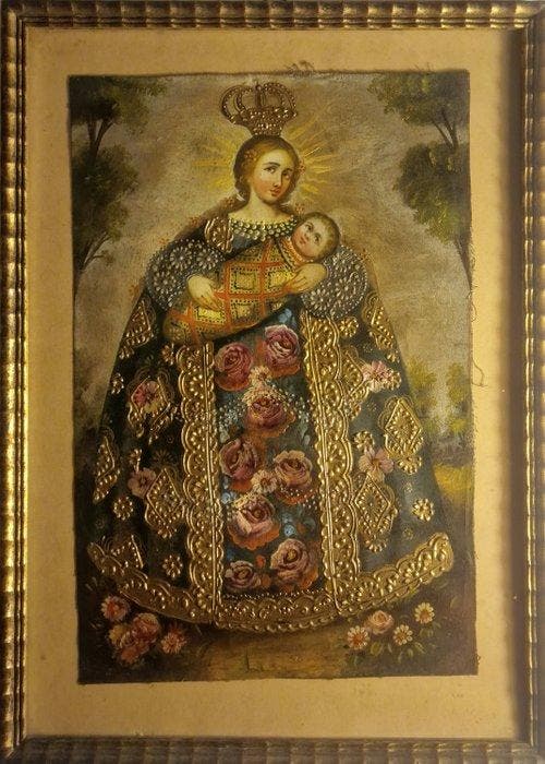Escuela Cuzqueña (XX) - Madonna con Bambino, Antiquités & Art, Art | Peinture | Classique