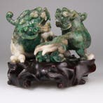 Chinese Carved Hardstone Stone Foo Dog Lion Statue Chine -