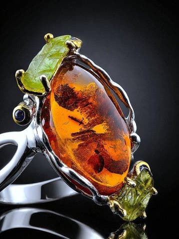 Barnsteen - Zilver, 925 - Ring - Uniek ontwerp
