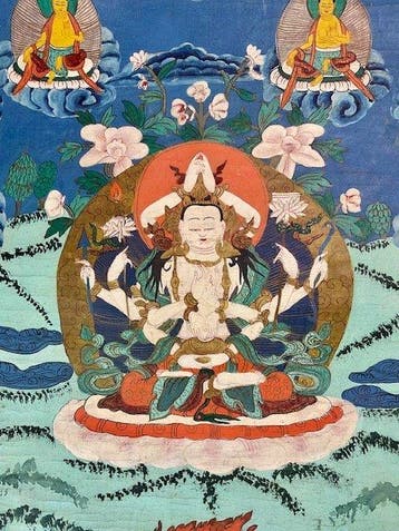 Tibetaanse Thangka - Avalokiteshvara (Chenrezig) omringd