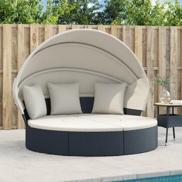vidaXL Loungebed met luifel en kussens poly rattan zwart, Verzenden, Nieuw