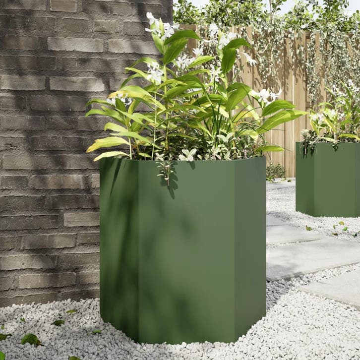 vidaXL Plantenbak zeshoek 46x40x45 cm staal olijfgroen, Tuin en Terras, Bloempotten, Nieuw, Verzenden