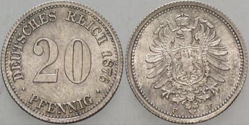 20 Pfennig 1876 F Kleinmunten-kaiserreich Kleiner Adler, Postzegels en Munten, Verzenden, België