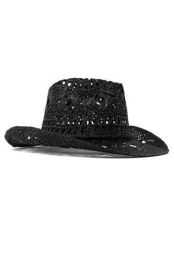 KIMU® Cowboyhoed Raffia Zwart Zwarte Gevlochten Stro Cowboy, Ophalen of Verzenden, Nieuw