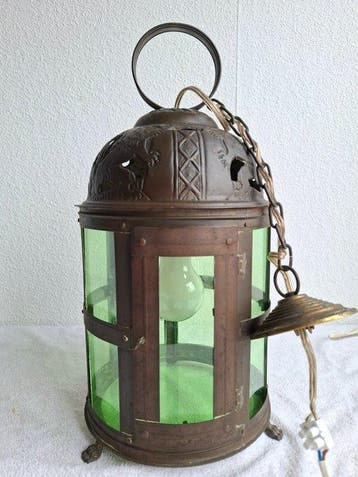 Plafondlamp - Oud-Hollandse hallantaarn - Koper, Brons, Glas