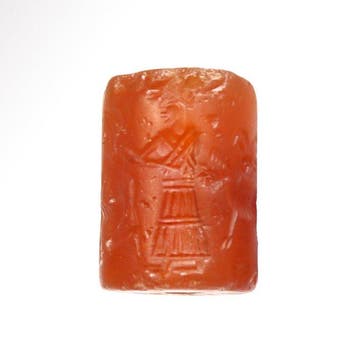 Oud-Babylonisch Kornalijn Cilinderzegel met een god, twee, Antiek en Kunst