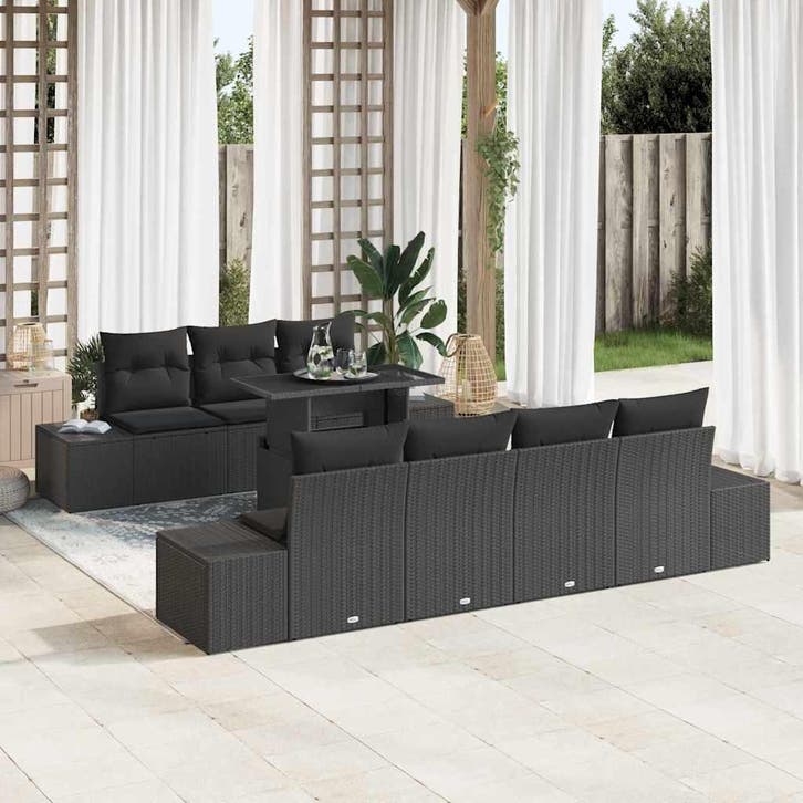 vidaXL Tuinbank Set 8 pcs Zwart Poly Rattan en Poedergecoat, Jardin & Terrasse, Ensembles de jardin, Envoi