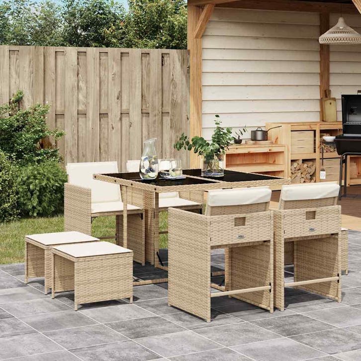 vidaXL 9-delige Tuinset met kussens poly rattan beige, Tuin en Terras, Tuinsets en Loungesets, Tuinset, Nieuw, Verzenden