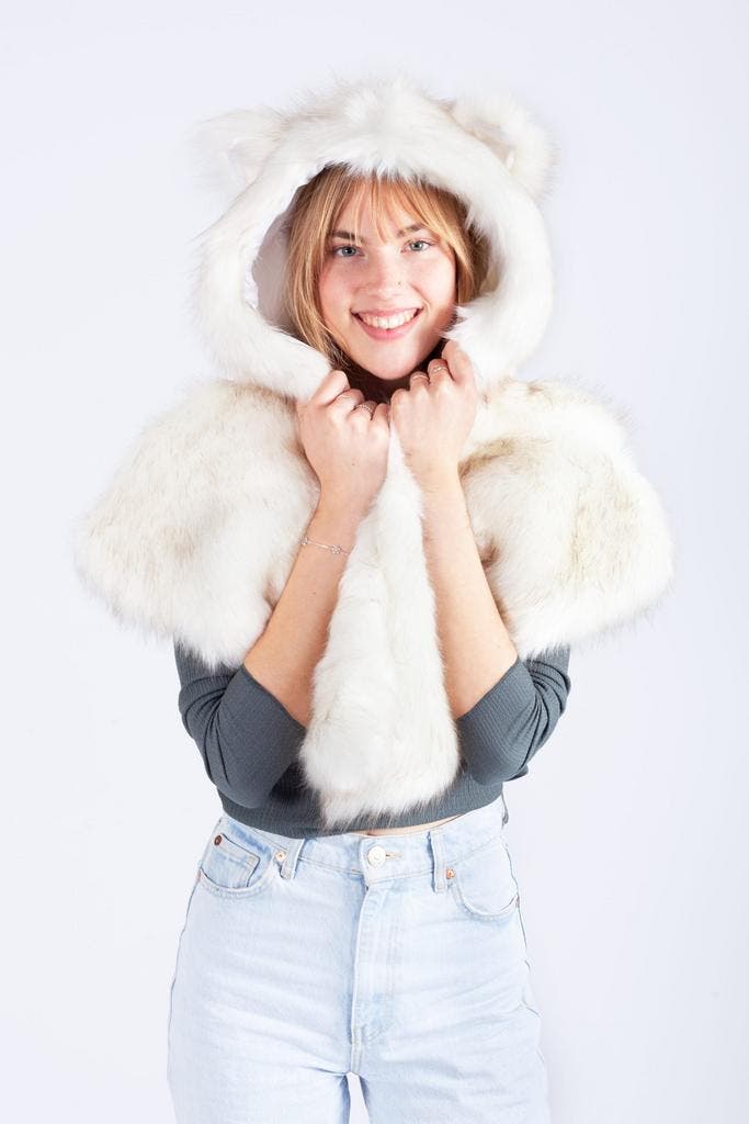 KIMU® Poncho Cape Witte Wolf Hood Muts Bontjas Oortjes Bont, Kleding | Dames, Hoeden en Petten, Nieuw, Ophalen of Verzenden