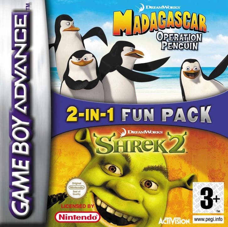 2 in 1 Shrek + Madagascar Penguins (Compleet Zonder Inlay), Games en Spelcomputers, Games | Nintendo Game Boy, Zo goed als nieuw