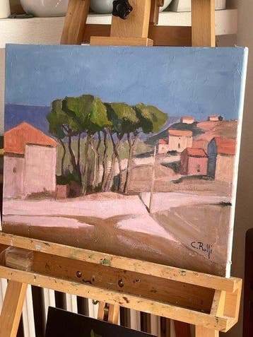 Claudio Rolfi (1960) - Paese sul mare, Antiquités & Art, Art | Peinture | Moderne